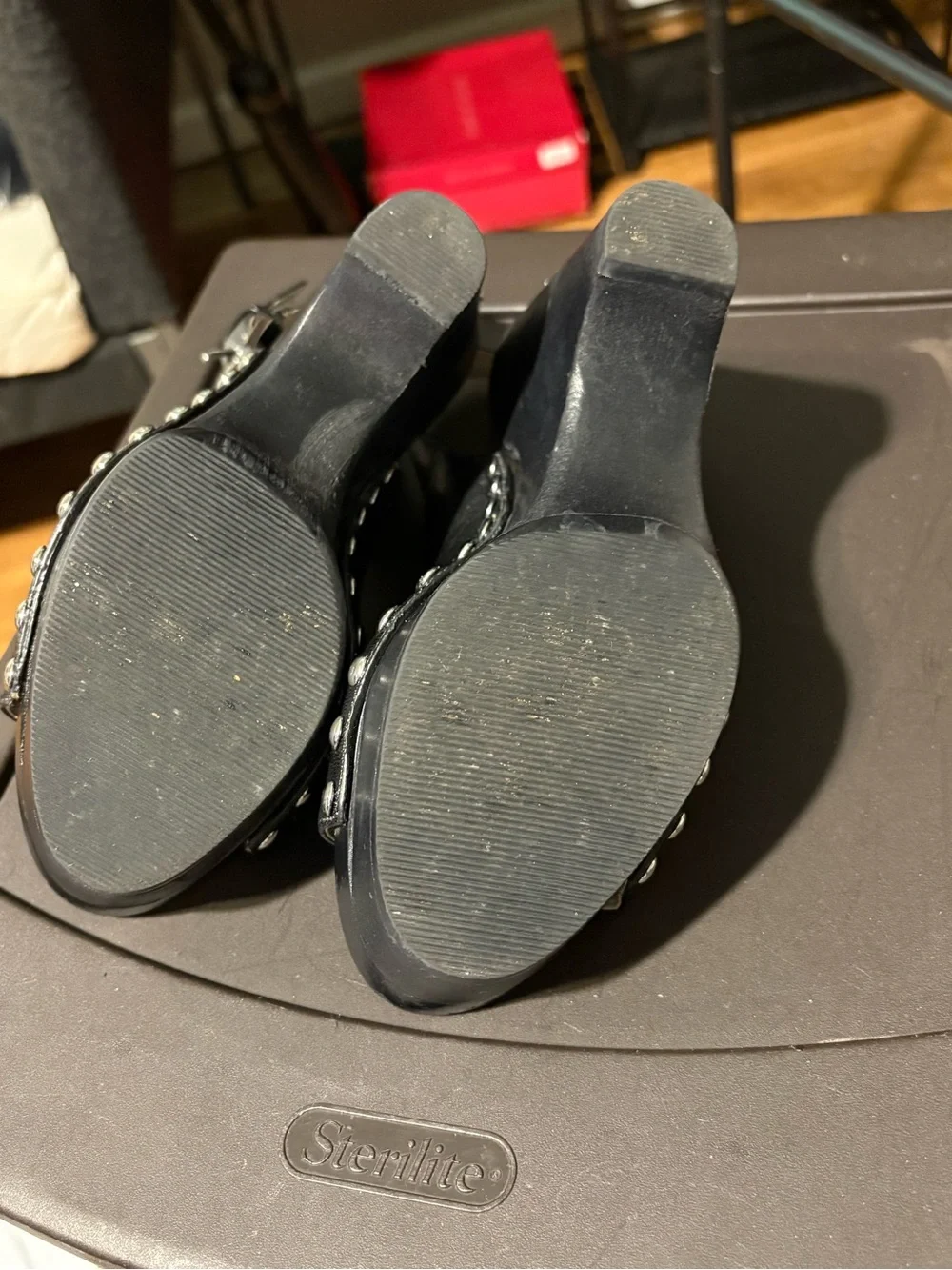 MICHAEL Michael Kors Black Leather Studded Wedge Sandals with Silver MK Logo